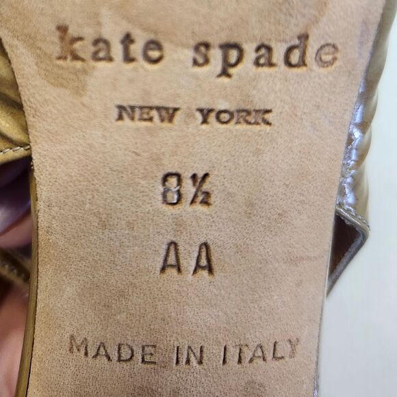 Kate Spade Camel Brown Black Patent Leather Peep Toe Stiletto Heels, 8.5 AA - Picture 7 of 9